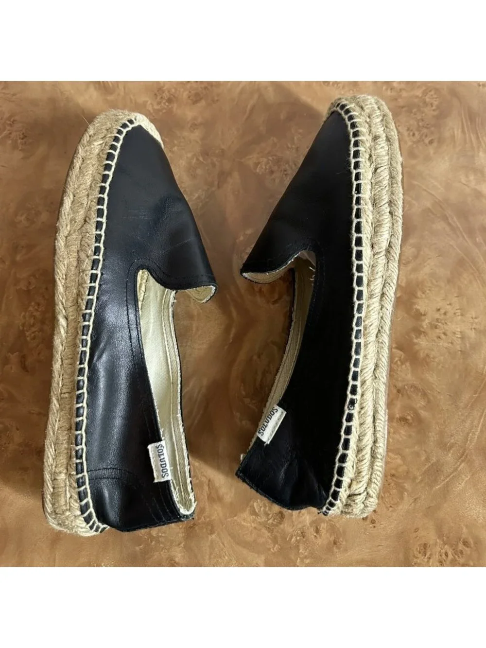 Soludos Black Leather Slip-On Espadrille Flats Women's Size 7 Classic Jute Shoes
